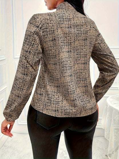 Blusa con lazo en el cuello y estampado floral vibrante: elegante blusa de manga larga con estampado integral, tela suave y ajuste favorecedor para primavera y otoño: ropa elegante para mujer para uso diario