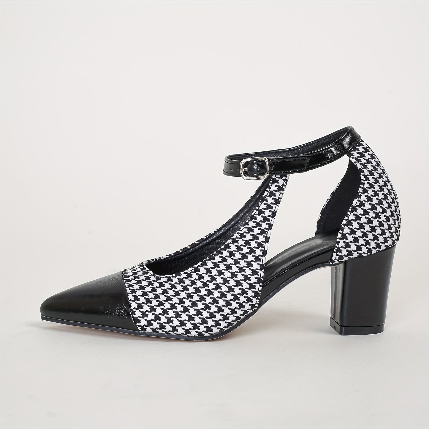 Mid Heel Womens Houndstooth Pattern Ankle Strap Shoes - Soft, Lightweight, Elegant Pointed Toe Dress Shoes with Block Heel, Faux Leather Insole, and Rubber Sole - Perfect for All-Season Wear