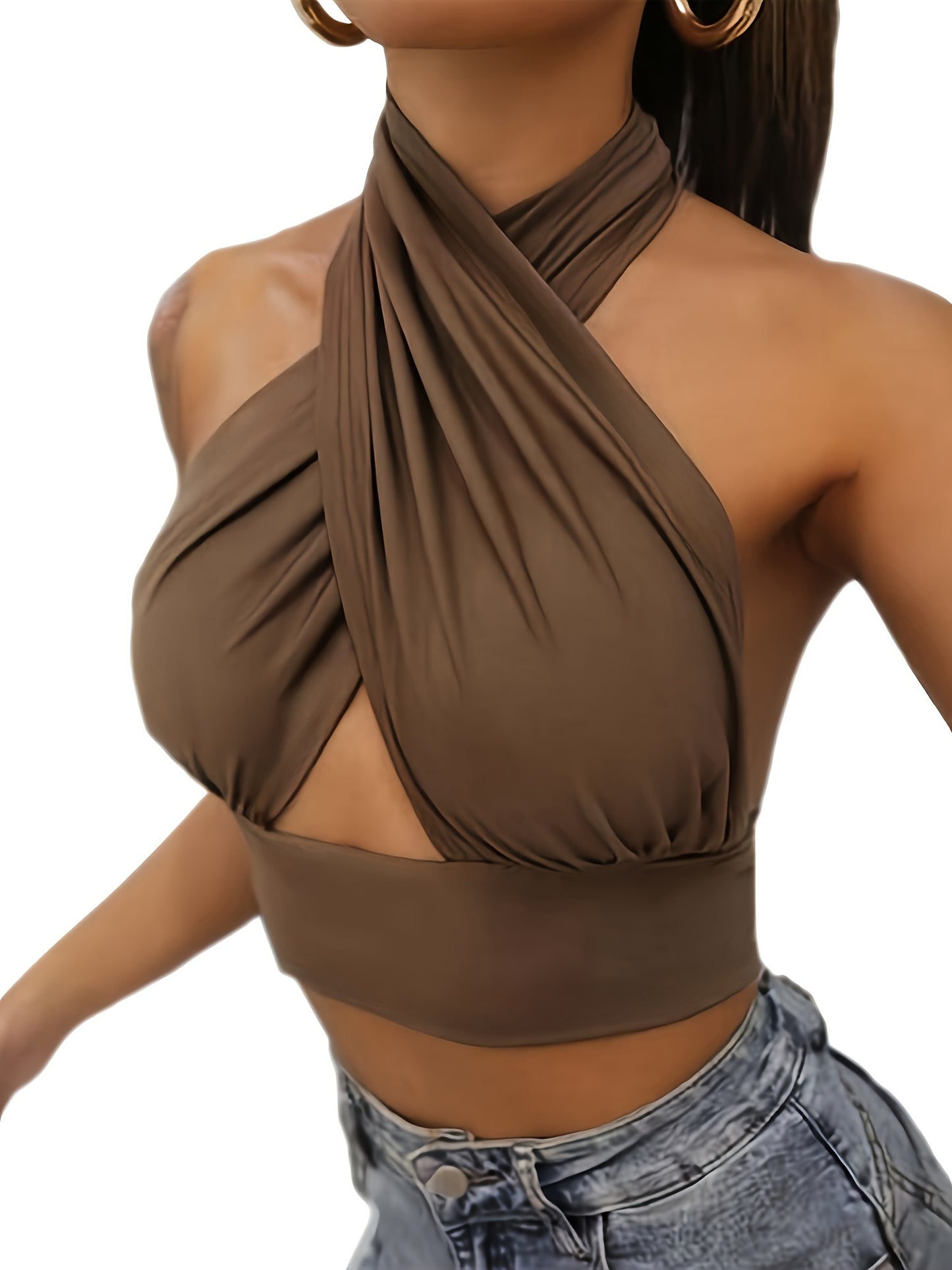 Stretchy Cut Out Cross Halter Top, Sexy Backless Crop Top