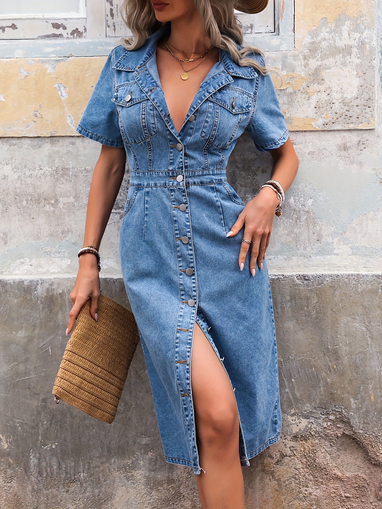 Midi Length Fitted Denim Dress - Classic Button Front, Solid Color, Non-Stretch, Woven Fabric, Elegant Silhouette, Casual Style, Suitable for All Seasons