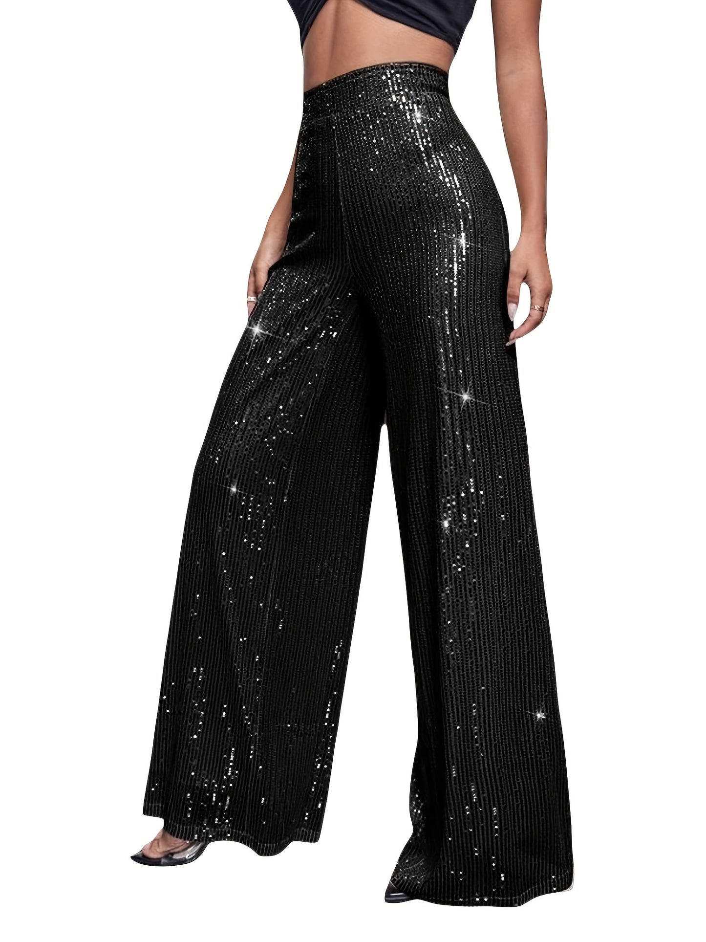 Womens Glitter Sequin Pants Sparkly Wide Loose Trousers Straight Leg Palazzo Pants Shiny Dance Bling Party Clubwear