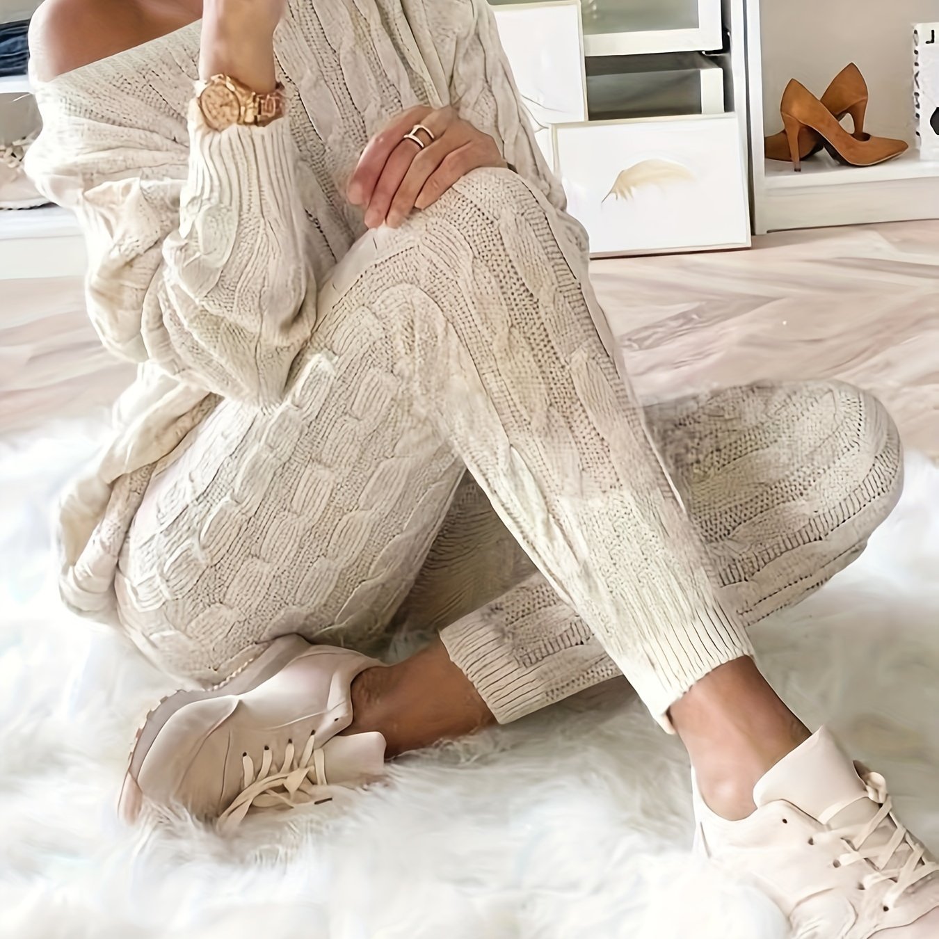 Solid Knitted Matching Two-piece Set, Casual Long Sleeve Sweater & Pants Outfit