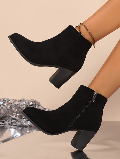 Botines negros elegantes para mujer: botines de lona o tela versátiles con cremallera lateral, tacón grueso y punta puntiaguda