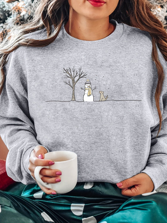 Cozy 100% Polyester Women's Christmas Sweatshirt with Adorable Snowman Print - Casual Crew Neck Long Sleeve Pullover for Fall/Winter