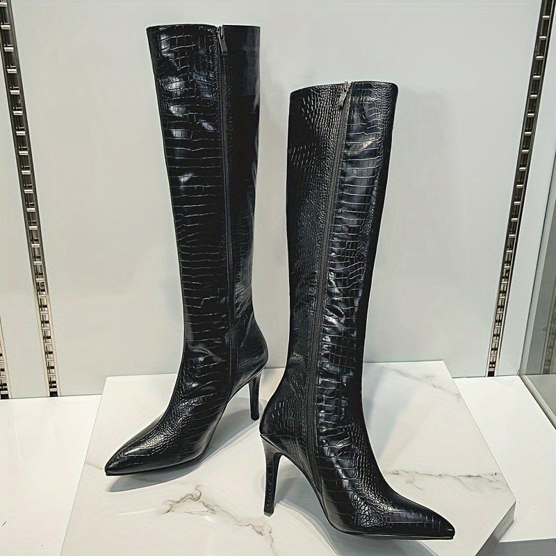 Knee-High Boots - Sexy Glossy Croc-Embossed Stiletto Heels