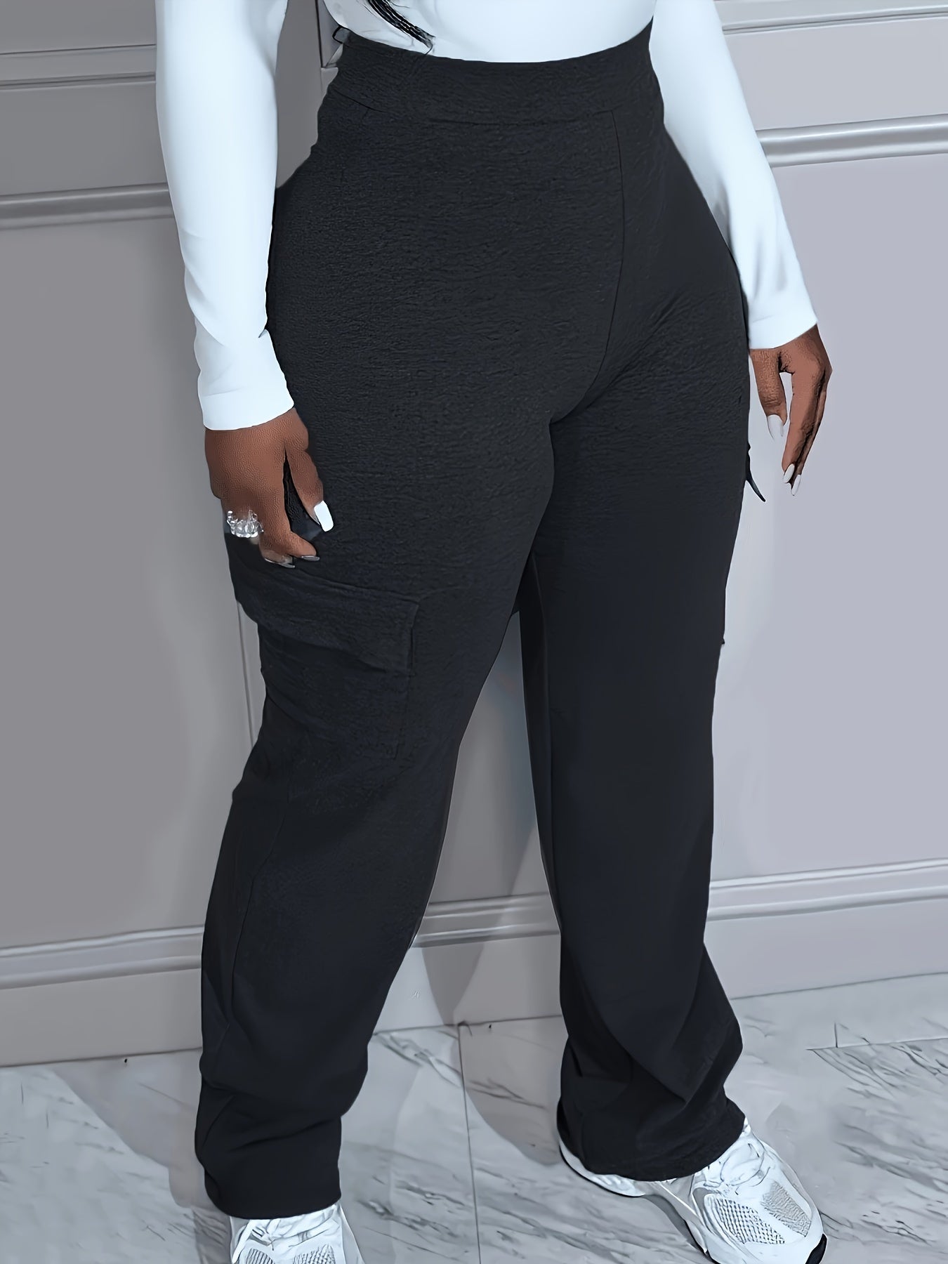 Plus Size Solid Pocket Pants - High Waist, Casual Comfort Flattering