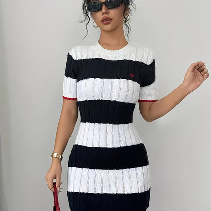 Chic Striped Knit Mini Dress for Women - Casual Short Sleeve, Round Neck with Color block Detail