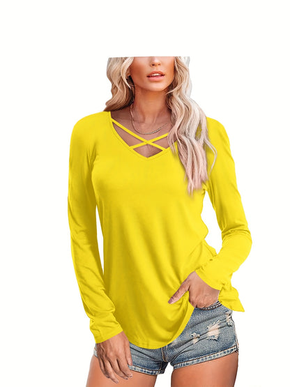 Blusa elegante de manga larga con escote en V cruzado para mujer: suave, transpirable, de corte relajado, ropa informal para la vida diaria: blusa básica clásica para el trabajo, la escuela o actividades al aire libre