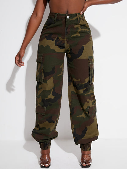 Pantalones vaqueros cargo con estampado de camuflaje para mujer: pantalones vaqueros casuales con bolsillos, mezcla de rayón no elástico, lavables a máquina