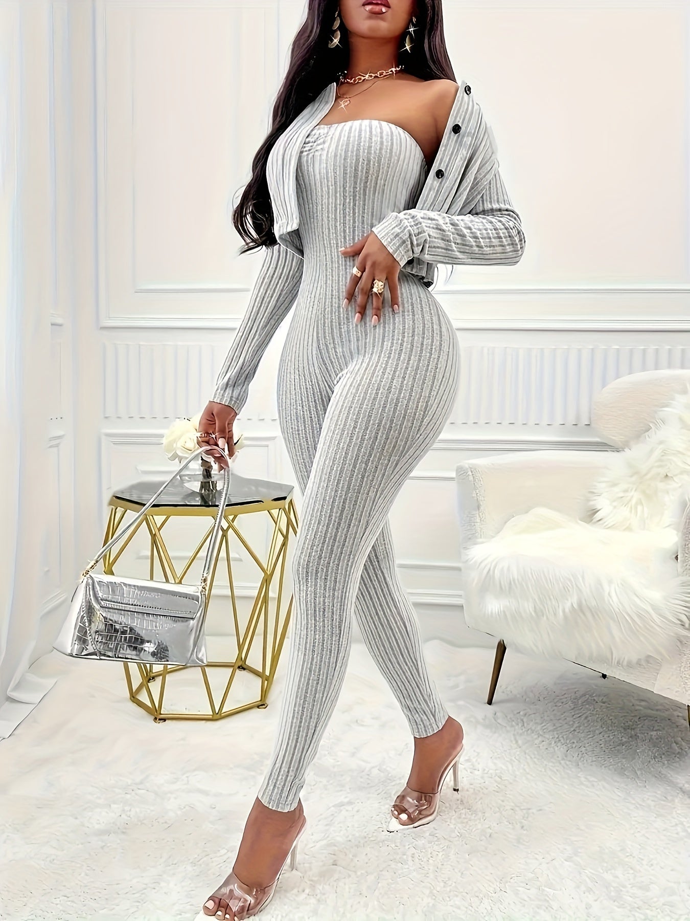 Crop Cardigan & Skinny Strapless Jumpsuit - Two-Piece Ribbed Outfit Set