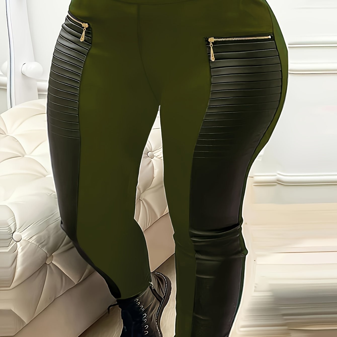 Leggings ajustados de talla grande, tejido de punto de poliéster con detalle de cremallera, pantalones elásticos de color sólido