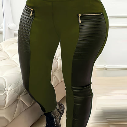 Leggings ajustados de talla grande, tejido de punto de poliéster con detalle de cremallera, pantalones elásticos de color sólido