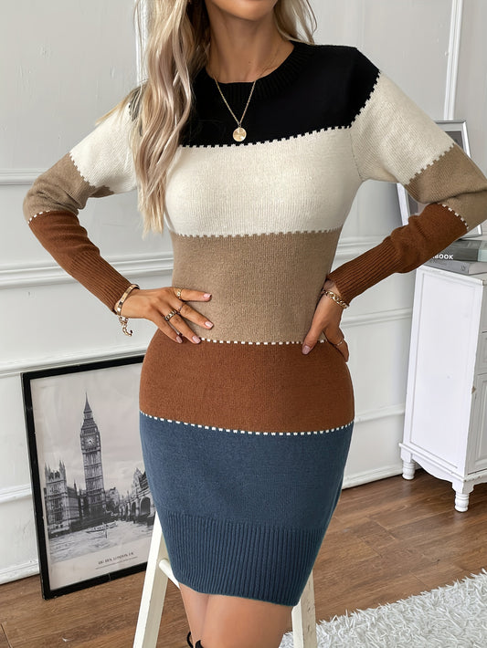 Vibrant Color Block Dress - Flattering Long Sleeves for a Chic Look, Classic Crew Neck Design for a Timeless Appeal, Sophisticated and Refined Silhouette - Perfect for Modern Women Who Appreciate Style and Comfort