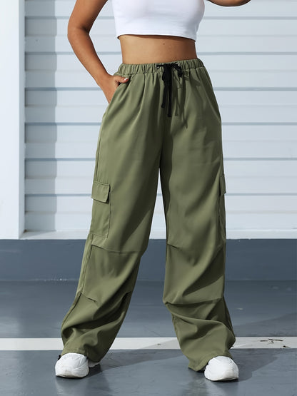 Pantalones cargo con bolsillos con solapa sólida, pantalones casuales con cintura elástica y cordón ajustable para primavera y verano, ropa de mujer