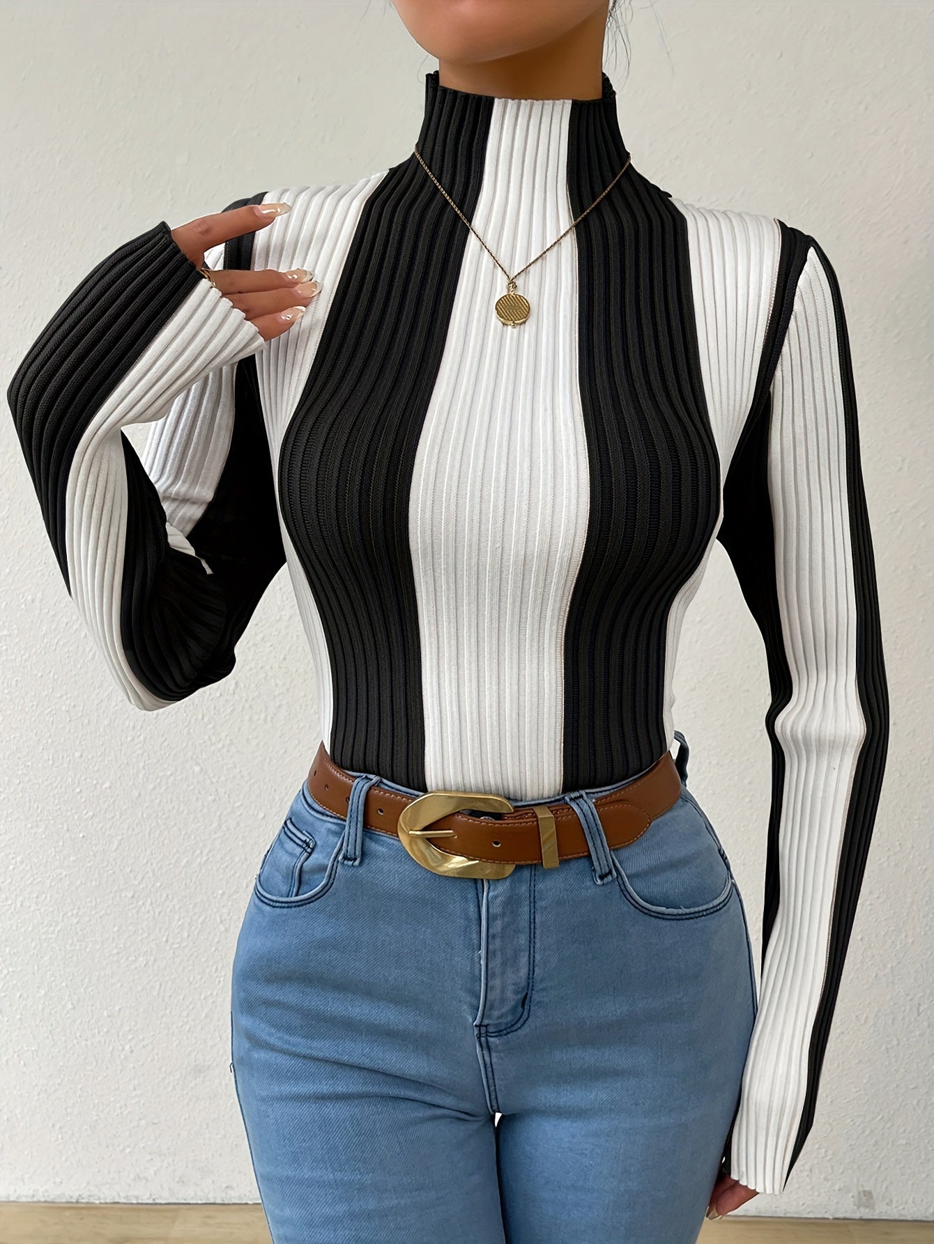 Rib Knit Color Block Mock Neck Sweater, Elegant Long Sleeve Sweater For Fall & Winter