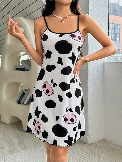 Women's Cute Cow Print Frill Trim Sleepwear Dress, Round Neck Backless Slip Dress, Comfortable Nightgown