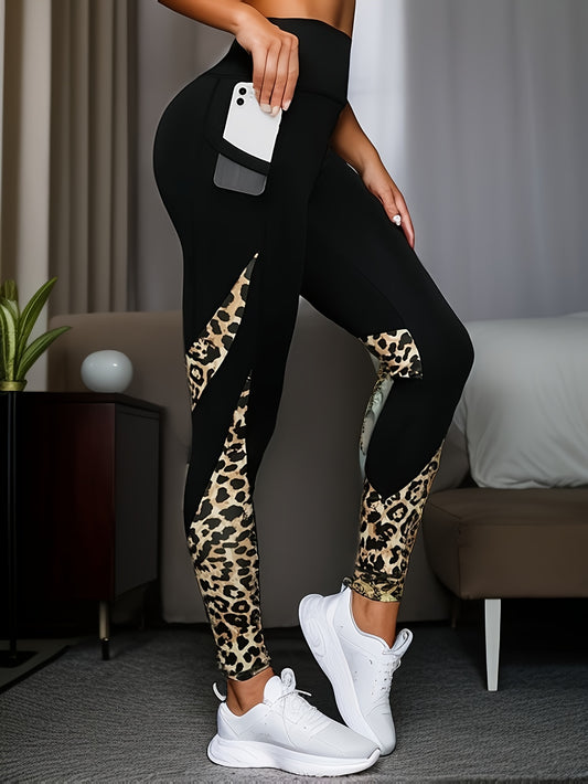 High-Waisted Leopard Mesh Pocket Sports Pants - Butt Lifting, Stretchy, Cropped Trousers for Women - Machine Washable, Solid Color, All Season Wear