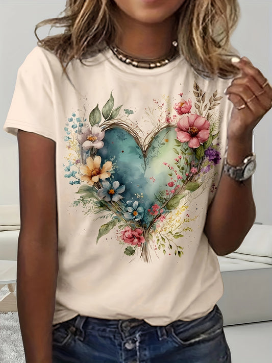 Camiseta de cuello redondo con estampado floral vibrante y corazón: suave, transpirable, manga corta, ajuste relajado, ropa informal para primavera y verano: ropa de moda femenina para el día a día