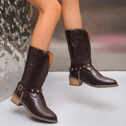 Stylish Metallic Brown Western Block Heel Booties