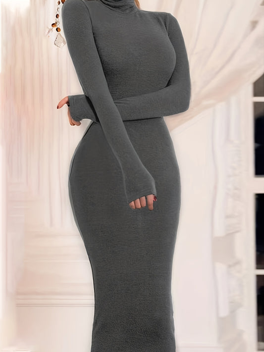 Midi Bodycon Solid Turtleneck Long Sleeve Dress - Elegant, Versatile, and Comfortable for Spring and Fall - Machine Washable, Mid-Elasticity, Polyester Fabric