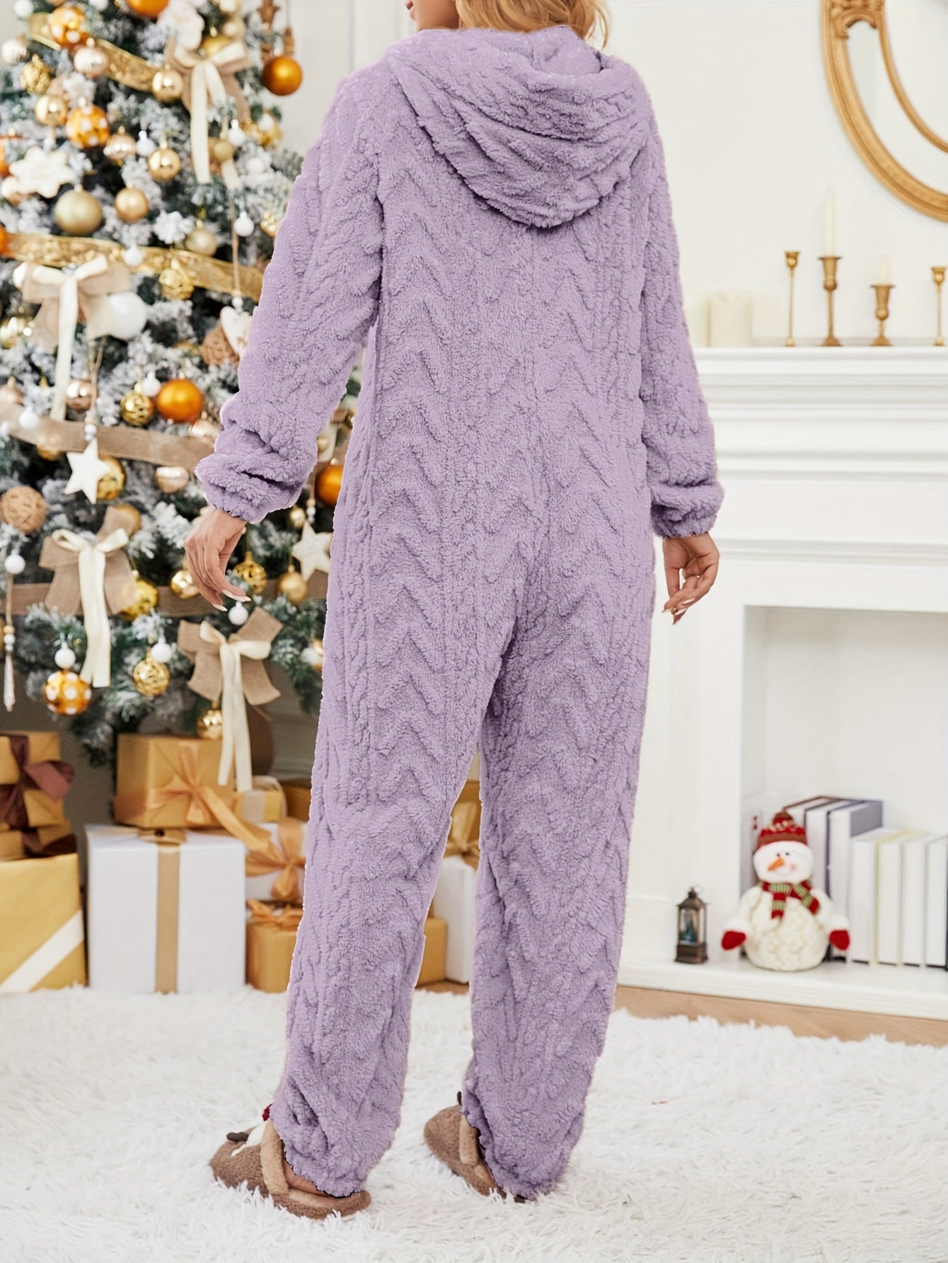 Cozy Fuzzy Jumpsuit - Women's Casual Long Sleeve Hooded Warm Jumpsuit for Fall & Winter - Soft Textured Zip Up Design, Comfortable and Versatile Clothing for Chilly Days