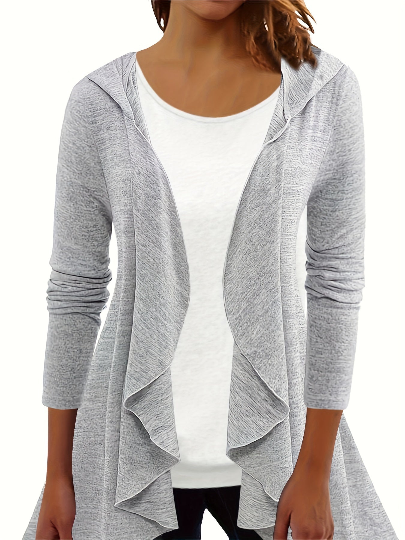 Hoodie Open Front Top, Casual Solid Color Long Sleeve Ruffle Trim Top