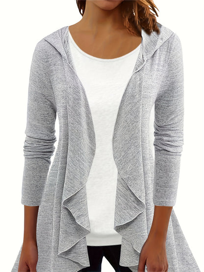 Hoodie Open Front Top, Casual Solid Color Long Sleeve Ruffle Trim Top