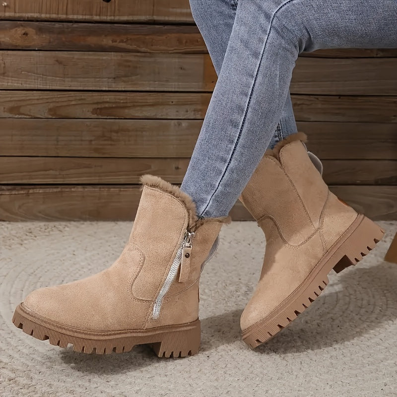 Women's Fashion Ankle Boots - Cozy Plush Lined Winter Platform Shoes with Side Zipper, Solid Color Fabric Upper & TPR Sole - LuxyXO