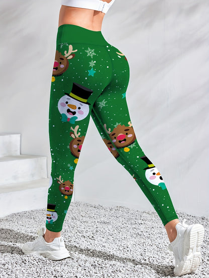 Women'S High-Waisted Yoga Leggings, Christmas Cartoon Snowman & Reindeer Print, Quick-Dry Breathable Fabric, Stretchy Polyester, Color Block Detail, Regular Fit, All-Season Fitness Wear