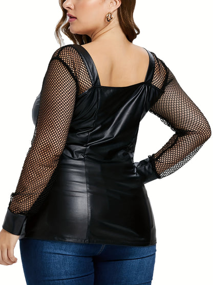 Women'S Plus Size Edgy Faux Leather Lace-Up Corset Top With Mesh Sleeves Gothic Punk Criss Cross Zip Up Top