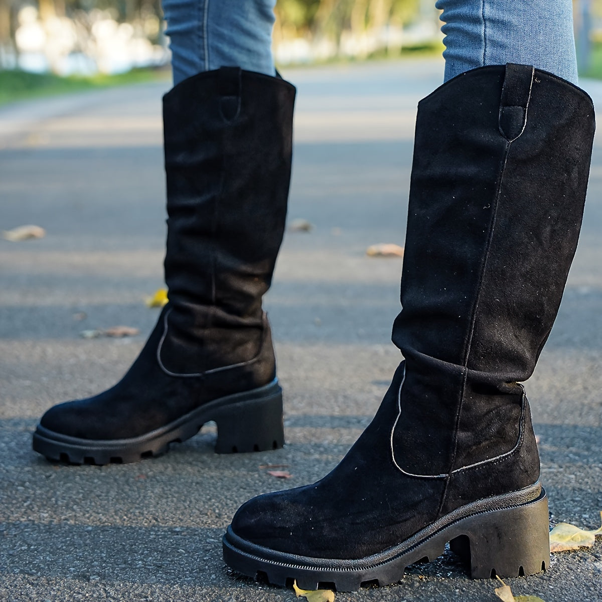 [1 pieza de botas de media pantorrilla para mujer] Botas de media pantorrilla para mujer, de color sólido, sin cordones, con punta redonda, tacón de bloque, parte superior de tela, suela interior, tacón alto, suela de goma
