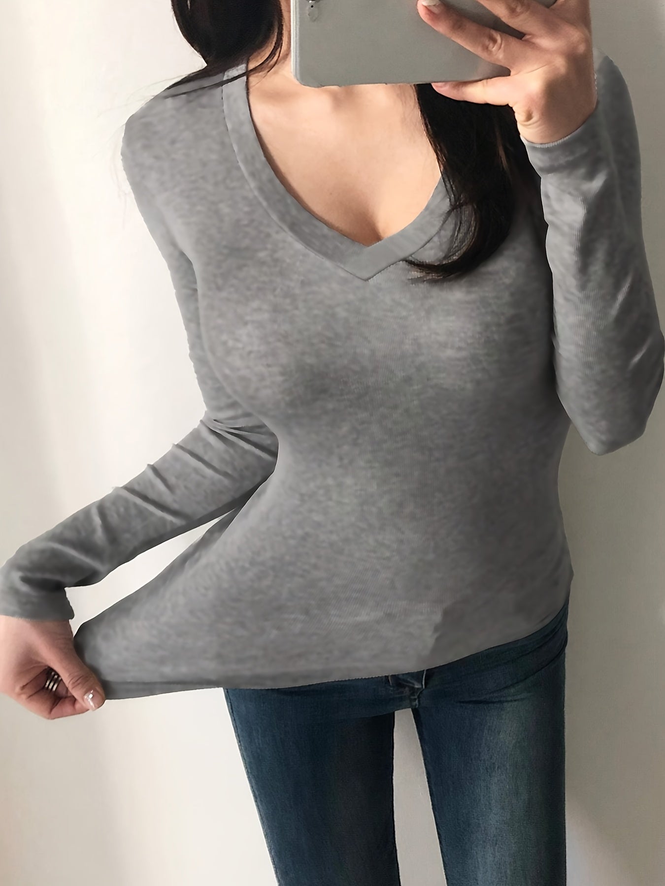 Plus Size Cozy Chic Lounge Top - Soft Solid Long Sleeve V Neck Slim Fit Home Wear T-shirt for Fall and Winter - Comfortable Casual Wear for Relaxation