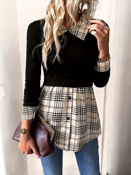 Elegant Long Sleeve Slim Collared 2-In-1 Plaid Chic Blouse