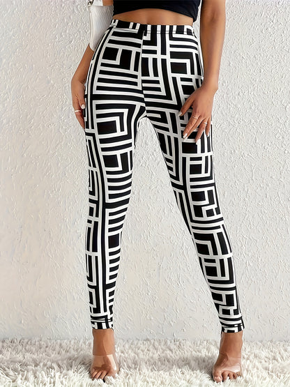 Leggings ajustados con estampado geométrico elástico: leggings de mujer de cintura alta, cómodos e informales con cinturilla elástica para uso diario