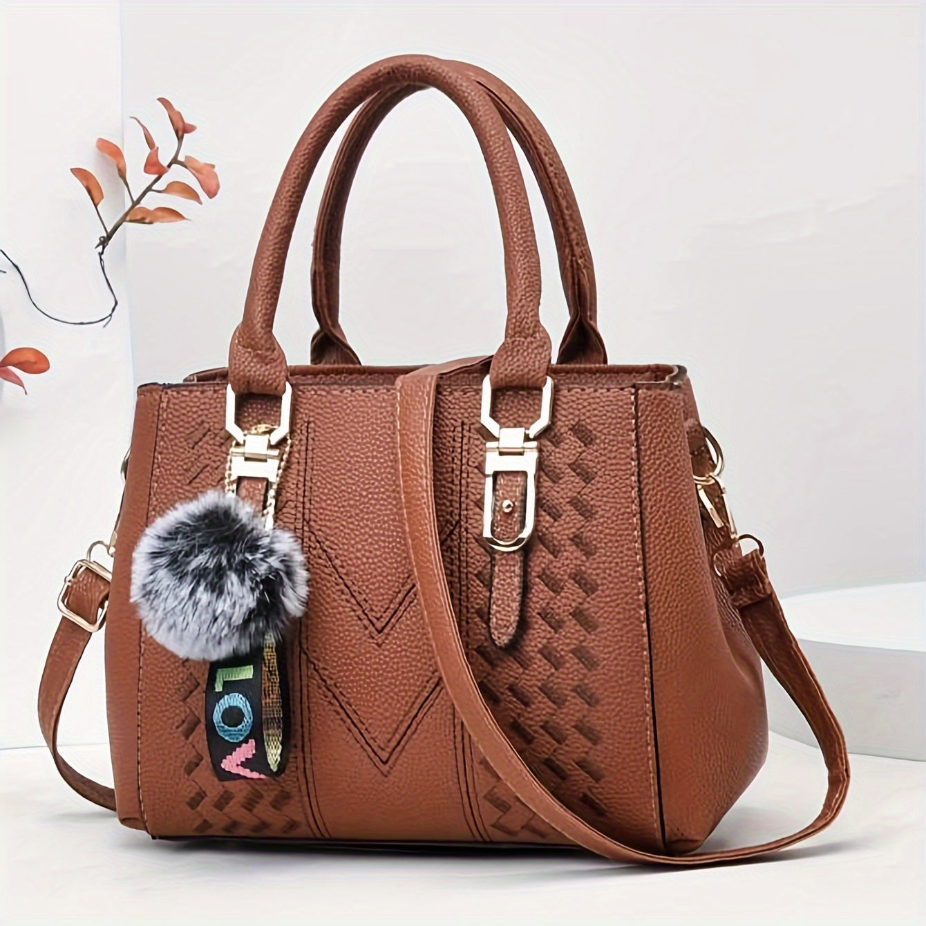 Elegant Women's Fashion Tote Bag With Pom-Pom Charm, Embroidered Faux Leather Handbag