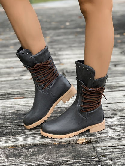 Women's Fashionable Mid-Calf Boots with Rivet Detail - Chunky Heel, Plush Lined for Winter Comfort, Side Zipper Closure