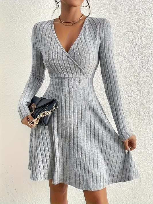 Cozy Textured Ribbed Surplice Neck Dress - Perfect for Everyday Wear with Relaxed Fit and Cozy Long Sleeves - Womens Casual Long Sleeve Clothing for Year-Round Comfort