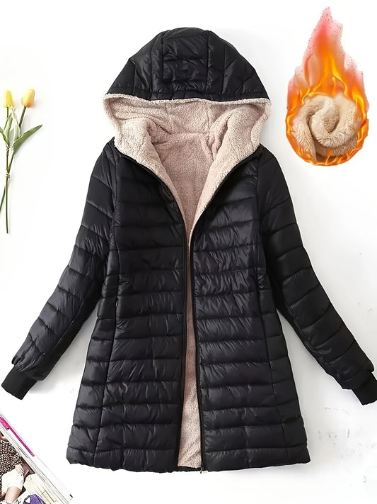 Zip-up Puffy Hoodie Coat, Casual Thermal Long Sleeve Coat For Fall & Winter, Women's Clothing