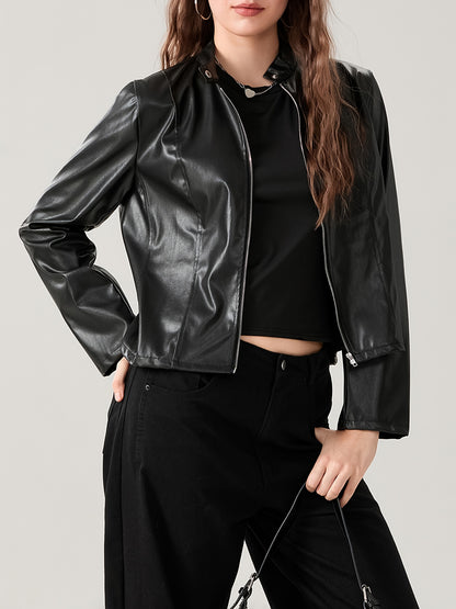 Women's Faux Leather Jacket, Slim Moto Biker Jacket Outerwear, Long Sleeve Zipper Short Jacket