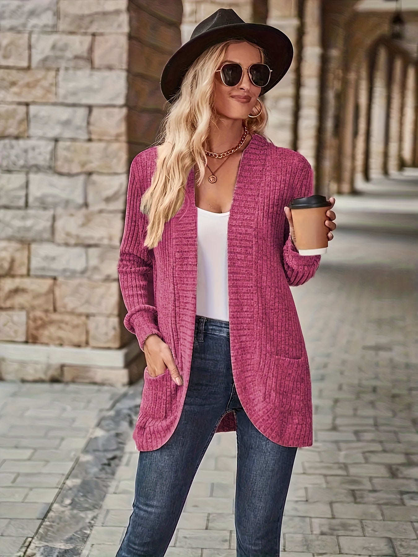 Long Sleeve Elegant Solid Color Open Front Cardigan with Pocket