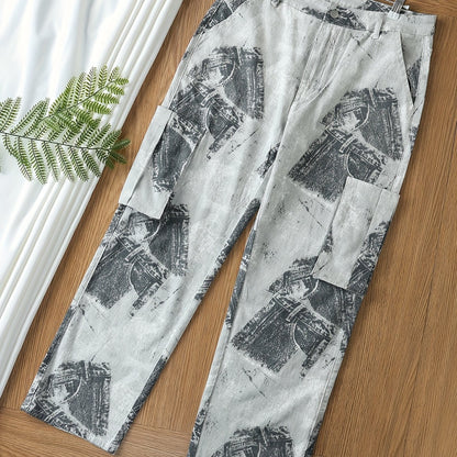 Plus size women's high stretch camo print cargo jeans with button fly and multiple pockets, showcased on wooden floor with fern leaf.