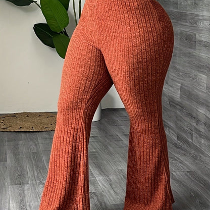 Elegant Style, Women's Plus Size Solid Color Flare Pants - High Waist, Ribbed Texture, Stretchy Polyester/Spandex Blend