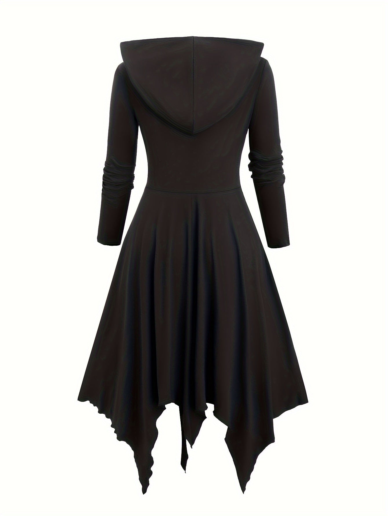 Plus Size Solid Color Hooded Dress, Goth Long Sleeve Hanky Hem Tied Dress For Fall & Spring, Women's Plus Size Clothing