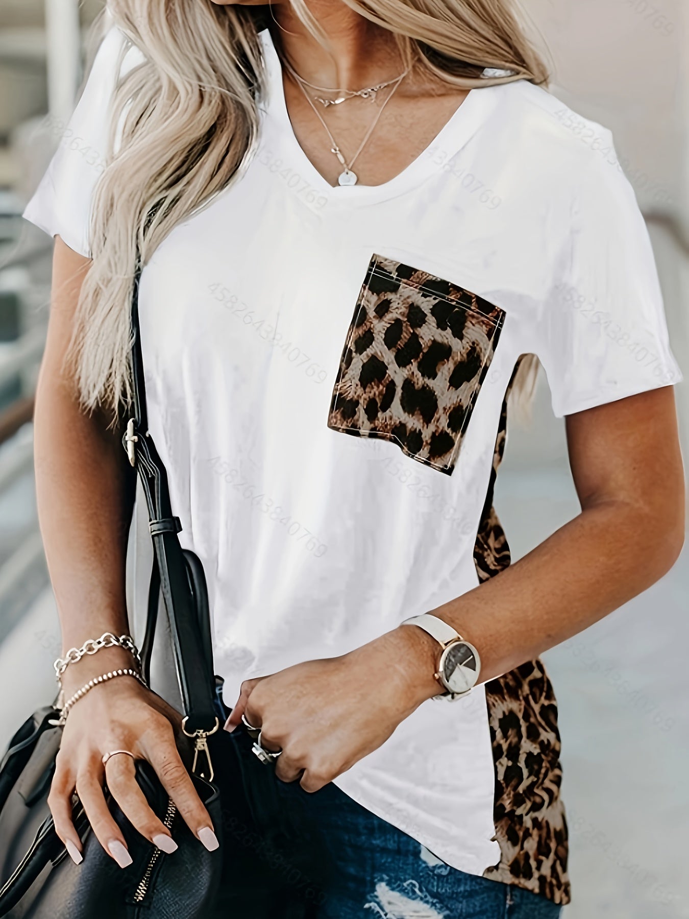 Vibrant Leopard Print Color Block V-Neck T-Shirt - Soft Micro Elasticity Polyester Fabric, Elegant Casual Short Sleeve Tee for Spring & Summer, Hand Wash Only, Regular Length, Knit Fabric, Random Printing, All Season Wear