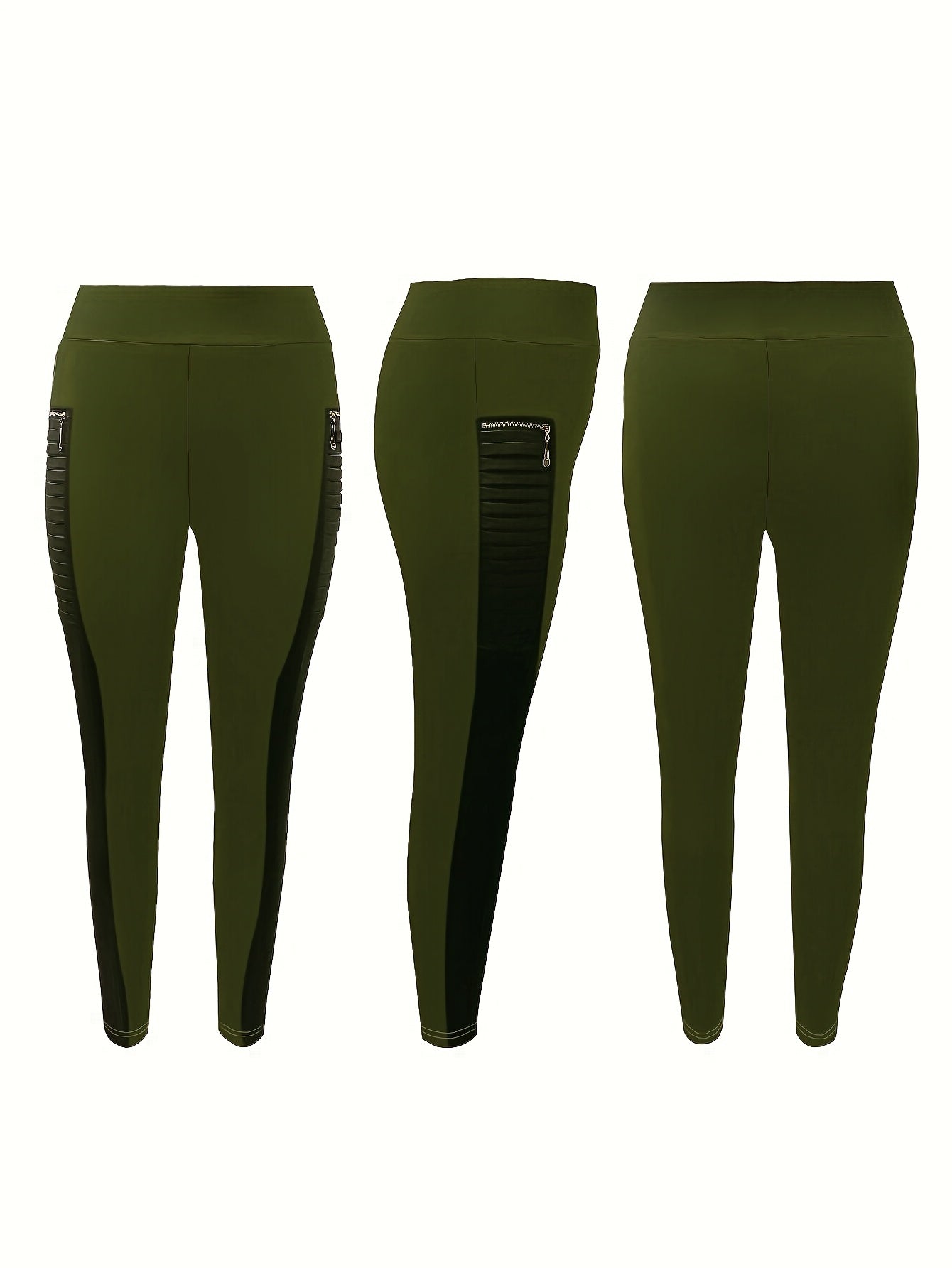 Leggings ajustados de talla grande, tejido de punto de poliéster con detalle de cremallera, pantalones elásticos de color sólido