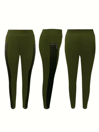 Leggings ajustados de talla grande, tejido de punto de poliéster con detalle de cremallera, pantalones elásticos de color sólido