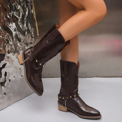 Stylish Metallic Brown Western Block Heel Booties