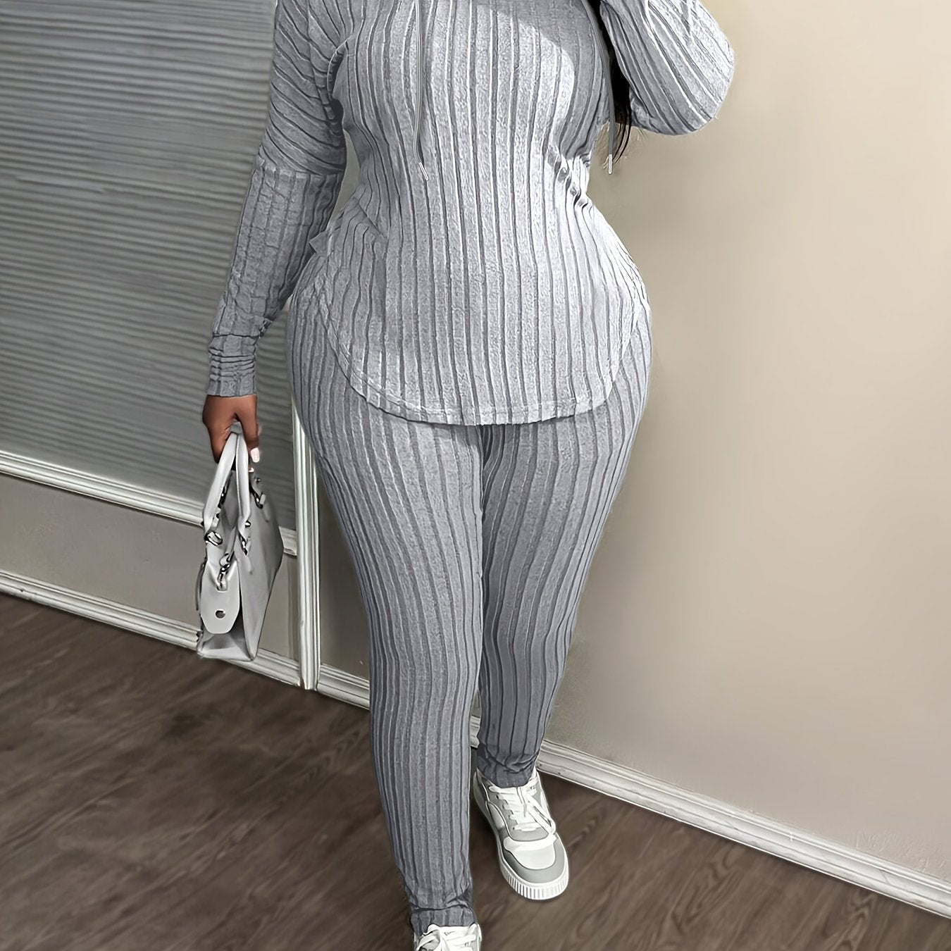 Conjunto de moda de talla grande para mujer, tejido de punto 100 % poliéster con elasticidad media, sudadera con capucha de color sólido y pantalones con detalle de cordón