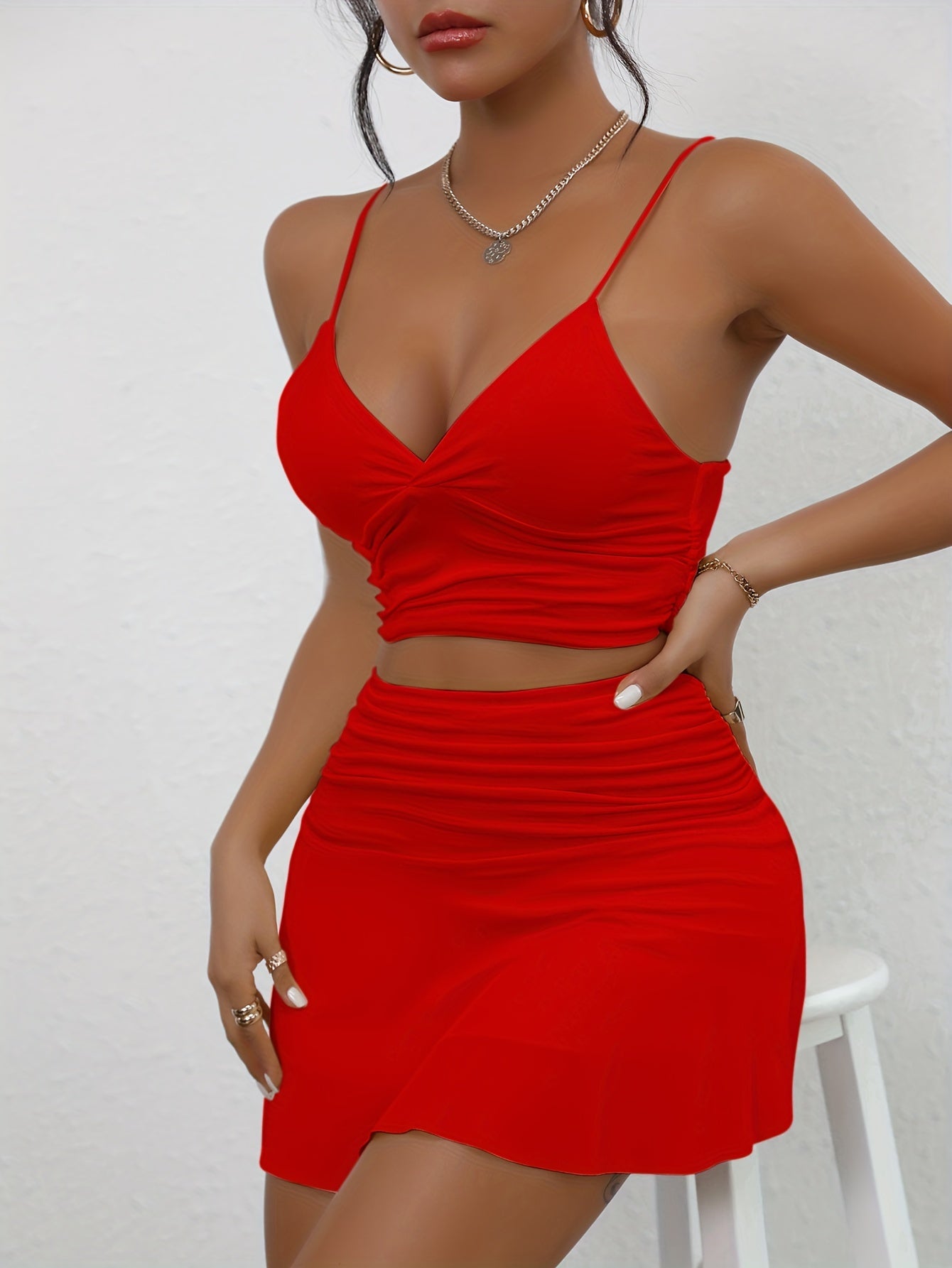 Solid Sexy Two-piece Set, V Neck Spaghetti Strap Cami Top & Ruffle Hem Mini Skirts Outfit