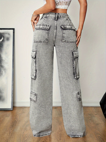 Pantalones vaqueros cargo holgados con bolsillos laterales y solapa en gris lavado, pantalones vaqueros y ropa de mujer